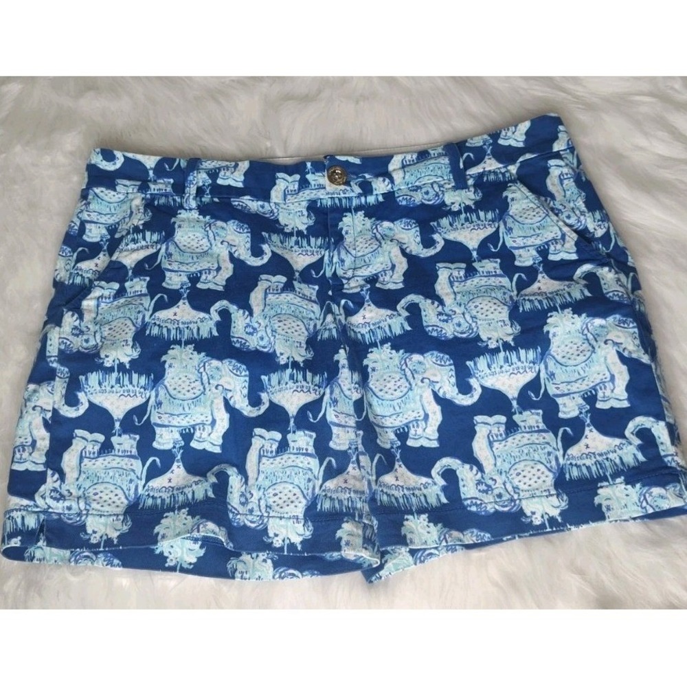 Lilly Pulitzer Jayne Stretch Shorts Womens 12 Blue White Elephant Print 7 Inseam